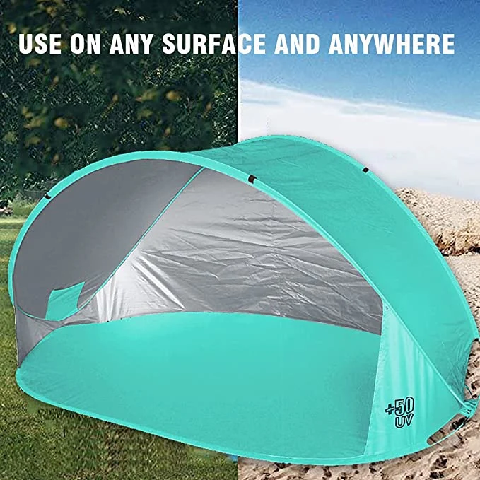 Pop up Beach Tent, Instant Automatic Beach Shade Sun Shelter for 3-4 Person, Upf 50+ Protection, Portable Beach Shelter with Carrying Bag, 8 Steel Stakes, 4 Guy